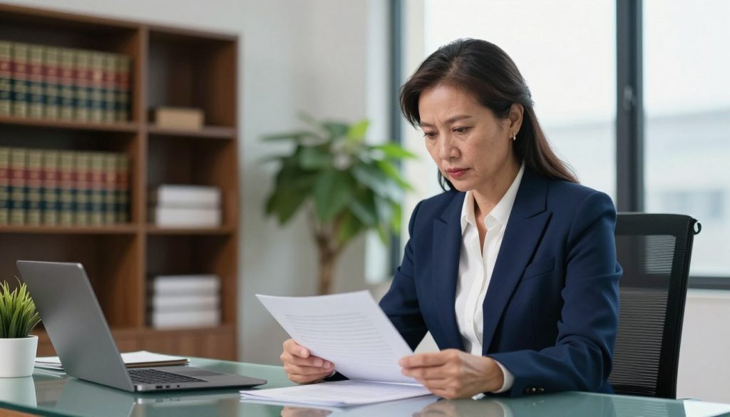 A confident workplace harassment attorney, a middle-aged woman of Asian descent, stands in a modern office environment. She is dressed in a tailored navy blue business suit, with a crisp white blouse. In the foreground, she is seated at a sleek glass desk, reviewing legal documents, her expression focused and determined. In the middle ground, bookshelves filled with legal texts and a potted plant add to the professionalism of the setting. The background features large windows with natural light flooding in, creating a warm and inviting atmosphere. The lighting is bright but soft, emphasizing her commitment to advocacy and support. The mood is serious yet hopeful, illustrating the strength and resilience needed to confront workplace discrimination. A confident workplace harassment attorney, a middle-aged woman of Asian descent, stands in a modern office environment. She is dressed in a tailored navy blue business suit, with a crisp white blouse. In the foreground, she is seated at a sleek glass desk, reviewing legal documents, her expression focused and determined. In the middle ground, bookshelves filled with legal texts and a potted plant add to the professionalism of the setting. The background features large windows with natural light flooding in, creating a warm and inviting atmosphere. The lighting is bright but soft, emphasizing her commitment to advocacy and support. The mood is serious yet hopeful, illustrating the strength and resilience needed to confront workplace discrimination.