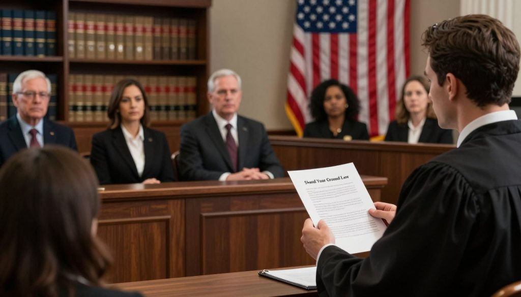 A courtroom scene with a judge presiding, surrounded by lawyers and jurors, all dressed in professional attire. In the foreground, a lawyer passionately presenting a case about the "Stand Your Ground Law," holding a legal document in one hand, gesturing with the other. The middle ground features attentive jurors, their expressions serious as they listen intently. The background reveals bookshelves filled with law books and a large American flag behind the judge, symbolizing justice. The lighting is warm and focused, highlighting the lawyer while casting softer shadows in the background. The atmosphere is tense yet respectful, embodying the gravity of self-defense laws and legal proceedings. The image should evoke a sense of deliberation and importance. A courtroom scene with a judge presiding, surrounded by lawyers and jurors, all dressed in professional attire. In the foreground, a lawyer passionately presenting a case about the "Stand Your Ground Law," holding a legal document in one hand, gesturing with the other. The middle ground features attentive jurors, their expressions serious as they listen intently. The background reveals bookshelves filled with law books and a large American flag behind the judge, symbolizing justice. The lighting is warm and focused, highlighting the lawyer while casting softer shadows in the background. The atmosphere is tense yet respectful, embodying the gravity of self-defense laws and legal proceedings. The image should evoke a sense of deliberation and importance.