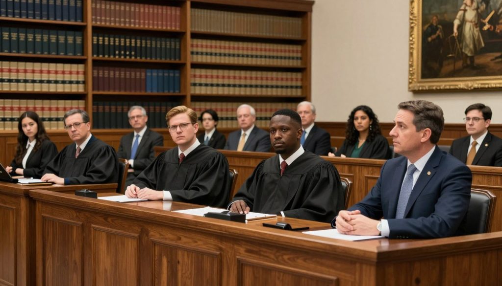 A detailed courtroom scene focusing on the concept of qualified immunity, featuring a group of diverse judges (Caucasian, African American, Hispanic) seated at a large, polished wooden bench, wearing black judicial robes. In the foreground, a well-dressed attorney (in a navy suit) passionately presenting a case. The middle ground shows a packed courtroom with a mix of concerned onlookers and eager law students taking notes. In the background, tall, elegant bookshelves filled with legal texts and statutes loom, with soft, warm lighting creating an inviting atmosphere. A subtle historical painting relevant to justice hangs on the wall, evoking a sense of gravity and importance. The mood is serious and contemplative, capturing the weight of Supreme Court decisions. The camera angle is slightly low, giving prominence to the judges. A detailed courtroom scene focusing on the concept of qualified immunity, featuring a group of diverse judges (Caucasian, African American, Hispanic) seated at a large, polished wooden bench, wearing black judicial robes. In the foreground, a well-dressed attorney (in a navy suit) passionately presenting a case. The middle ground shows a packed courtroom with a mix of concerned onlookers and eager law students taking notes. In the background, tall, elegant bookshelves filled with legal texts and statutes loom, with soft, warm lighting creating an inviting atmosphere. A subtle historical painting relevant to justice hangs on the wall, evoking a sense of gravity and importance. The mood is serious and contemplative, capturing the weight of Supreme Court decisions. The camera angle is slightly low, giving prominence to the judges.