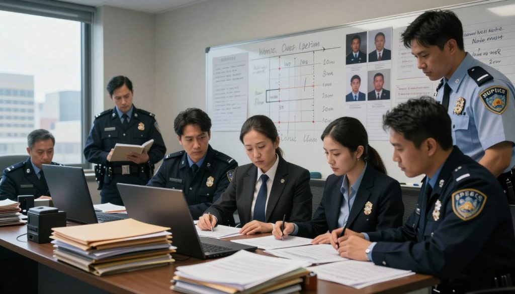 A detailed scene capturing the police misconduct investigation process. In the foreground, a diverse team of investigators, dressed in professional business attire, analyze evidence in a cluttered office filled with folders and case files. The middle ground shows a large whiteboard filled with notes, timelines, and photographs of the involved parties, symbolizing the complex investigation. In the background, a window reveals a cityscape under gray skies, adding a somber mood to the scene. Soft, diffused lighting creates an atmosphere of seriousness and diligence. The angle should be slightly tilted downward, focusing on the investigators’ engaged expressions as they collaborate. A detailed scene capturing the police misconduct investigation process. In the foreground, a diverse team of investigators, dressed in professional business attire, analyze evidence in a cluttered office filled with folders and case files. The middle ground shows a large whiteboard filled with notes, timelines, and photographs of the involved parties, symbolizing the complex investigation. In the background, a window reveals a cityscape under gray skies, adding a somber mood to the scene. Soft, diffused lighting creates an atmosphere of seriousness and diligence. The angle should be slightly tilted downward, focusing on the investigators’ engaged expressions as they collaborate.