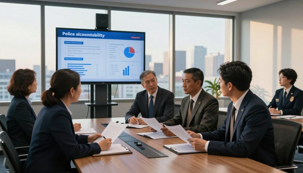 A diverse group of professionals assembled in a modern conference room, symbolizing oversight of law enforcement agencies. In the foreground, three individuals in professional business attire discuss important documents, emphasizing collaboration. The middle ground shows a digital screen displaying statistics on police accountability and reform initiatives, highlighted in soft blue lighting. The background features a large window with a view of a cityscape, bathed in warm afternoon sunlight. The atmosphere conveys serious determination and hope for change, creating a sense of purpose and accountability. Use a wide-angle lens for an expansive view, capturing both the intensity of the meeting and the inspiring urban backdrop. A diverse group of professionals assembled in a modern conference room, symbolizing oversight of law enforcement agencies. In the foreground, three individuals in professional business attire discuss important documents, emphasizing collaboration. The middle ground shows a digital screen displaying statistics on police accountability and reform initiatives, highlighted in soft blue lighting. The background features a large window with a view of a cityscape, bathed in warm afternoon sunlight. The atmosphere conveys serious determination and hope for change, creating a sense of purpose and accountability. Use a wide-angle lens for an expansive view, capturing both the intensity of the meeting and the inspiring urban backdrop.