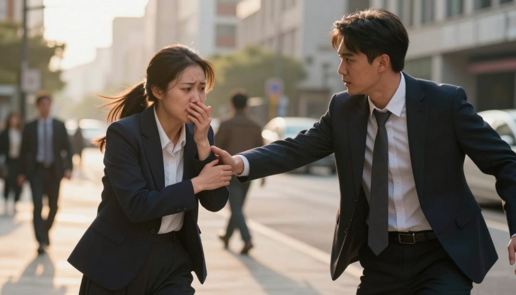 A dramatic scene depicting the concept of the "Defense of Others Law". In the foreground, two individuals in professional business attire are seen intervening in a tense situation, with one person reaching out protectively to another who appears to be distressed. The middle ground includes a blurred background of a city street, hinting at an urban environment where the action unfolds. Soft but focused lighting illuminates the faces of the interveners, highlighting their determination and urgency. The atmosphere is tense yet empowering, with a warm golden hour glow casting long shadows, signifying both urgency and hope in protecting a vulnerable individual. A wide-angle perspective captures the essence of the scene, enhancing the feelings of movement and urgency. A dramatic scene depicting the concept of the "Defense of Others Law". In the foreground, two individuals in professional business attire are seen intervening in a tense situation, with one person reaching out protectively to another who appears to be distressed. The middle ground includes a blurred background of a city street, hinting at an urban environment where the action unfolds. Soft but focused lighting illuminates the faces of the interveners, highlighting their determination and urgency. The atmosphere is tense yet empowering, with a warm golden hour glow casting long shadows, signifying both urgency and hope in protecting a vulnerable individual. A wide-angle perspective captures the essence of the scene, enhancing the feelings of movement and urgency.