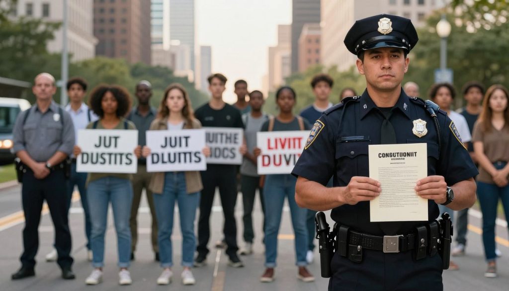 A dramatic scene illustrating the concept of constitutional limits on police force. In the foreground, a police officer in professional attire stands upright, expressing a sense of duty, while holding a constitution document prominently in one hand. In the middle ground, a diverse group of citizens representing various backgrounds stands in peaceful protest, holding placards advocating for justice and accountability. In the background, a well-lit cityscape creates a sense of urban life, with soft, warm lighting to evoke hope. The composition captures the tension between authority and citizens’ rights, suggesting balance and order amid a powerful message. The atmosphere should feel respectful yet assertive, emphasizing the importance of constitutional protections without depicting violence or conflict. A dramatic scene illustrating the concept of constitutional limits on police force. In the foreground, a police officer in professional attire stands upright, expressing a sense of duty, while holding a constitution document prominently in one hand. In the middle ground, a diverse group of citizens representing various backgrounds stands in peaceful protest, holding placards advocating for justice and accountability. In the background, a well-lit cityscape creates a sense of urban life, with soft, warm lighting to evoke hope. The composition captures the tension between authority and citizens’ rights, suggesting balance and order amid a powerful message. The atmosphere should feel respectful yet assertive, emphasizing the importance of constitutional protections without depicting violence or conflict.
