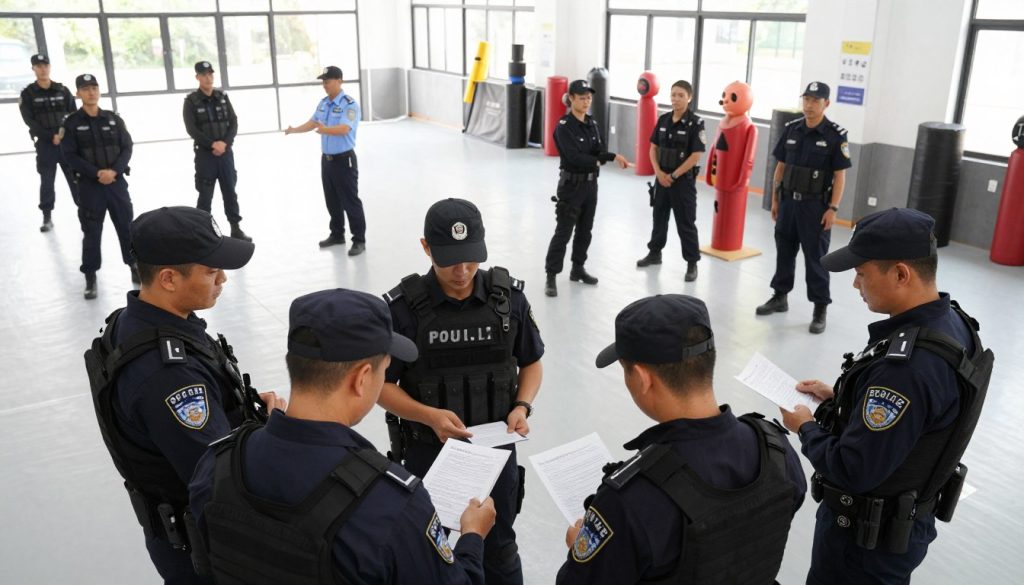 A dynamic law enforcement training program in action, with a diverse group of officers engaged in a simulated scenario. In the foreground, a group of four officers, dressed in professional tactical gear, reviews guidelines together, concentrating intently on their roles. In the middle ground, a training instructor guides another group as they practice de-escalation techniques, demonstrating effective communication and restraint tactics. The background features a training facility equipped with various props, such as barriers, training dummies, and situational signage, all under bright, natural lighting. The scene conveys a serious yet collaborative atmosphere, emphasizing the importance of effective training in law enforcement. The angle is slightly elevated, capturing both the instructors and trainees and showcasing the interactive nature of the training. A dynamic law enforcement training program in action, with a diverse group of officers engaged in a simulated scenario. In the foreground, a group of four officers, dressed in professional tactical gear, reviews guidelines together, concentrating intently on their roles. In the middle ground, a training instructor guides another group as they practice de-escalation techniques, demonstrating effective communication and restraint tactics. The background features a training facility equipped with various props, such as barriers, training dummies, and situational signage, all under bright, natural lighting. The scene conveys a serious yet collaborative atmosphere, emphasizing the importance of effective training in law enforcement. The angle is slightly elevated, capturing both the instructors and trainees and showcasing the interactive nature of the training.