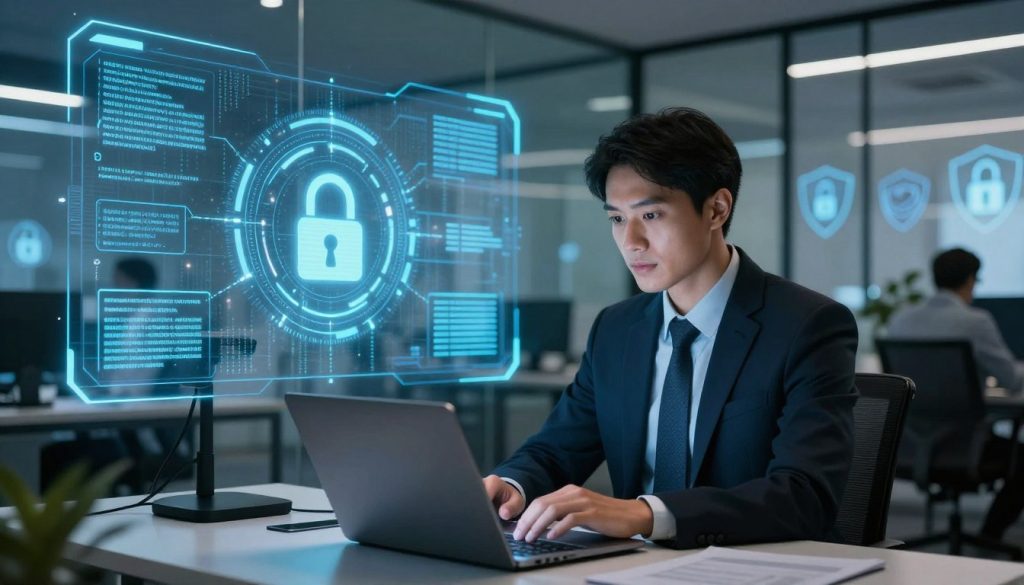 A modern office environment illustrating the concept of digital privacy protection. In the foreground, a confident business professional in formal attire studies a laptop screen, illuminated by soft, ambient lighting. The middle layer features a large digital screen displaying abstract representations of data encryption and cybersecurity, with lock icons and binary code floating subtly. In the background, a sleek, glass-walled office filled with tech gadgets and security symbols, such as shields and padlocks. The atmosphere exudes a sense of vigilance and empowerment, emphasizing the importance of safeguarding personal information in a digital age. The scene is captured from a slightly elevated angle to provide depth and focus on the subject's engaged expression. A modern office environment illustrating the concept of digital privacy protection. In the foreground, a confident business professional in formal attire studies a laptop screen, illuminated by soft, ambient lighting. The middle layer features a large digital screen displaying abstract representations of data encryption and cybersecurity, with lock icons and binary code floating subtly. In the background, a sleek, glass-walled office filled with tech gadgets and security symbols, such as shields and padlocks. The atmosphere exudes a sense of vigilance and empowerment, emphasizing the importance of safeguarding personal information in a digital age. The scene is captured from a slightly elevated angle to provide depth and focus on the subject's engaged expression.