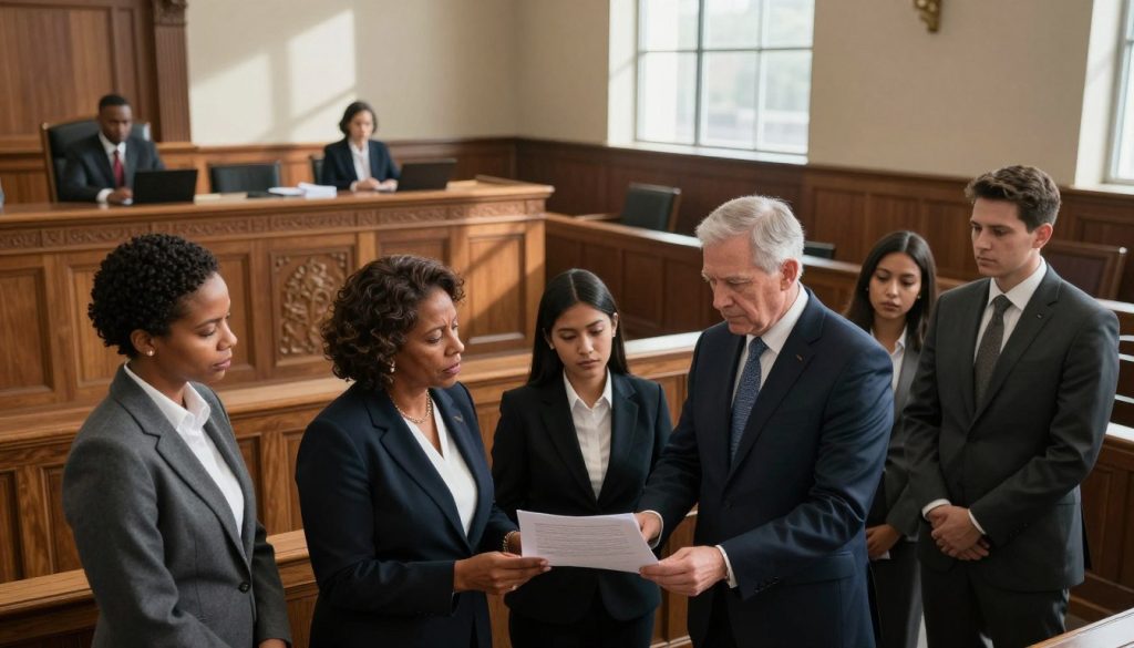 A powerful scene that captures the essence of landmark civil rights lawsuits, set in a courthouse. In the foreground, a diverse group of individuals, including a middle-aged Black woman, a young Latina man, and an older White man, all dressed in professional business attire, look determined as they discuss legal documents. In the middle ground, a grand courtroom, with wooden benches and intricate architectural details, highlighting judicial symbolism. The background features a large window, allowing soft sunlight to filter through, illuminating the room and casting dramatic shadows. The atmosphere is intense yet hopeful, reflecting the fight for justice. Use a high angle perspective to emphasize the importance of the moment, conveying a sense of gravitas and inspiration. A powerful scene that captures the essence of landmark civil rights lawsuits, set in a courthouse. In the foreground, a diverse group of individuals, including a middle-aged Black woman, a young Latina man, and an older White man, all dressed in professional business attire, look determined as they discuss legal documents. In the middle ground, a grand courtroom, with wooden benches and intricate architectural details, highlighting judicial symbolism. The background features a large window, allowing soft sunlight to filter through, illuminating the room and casting dramatic shadows. The atmosphere is intense yet hopeful, reflecting the fight for justice. Use a high angle perspective to emphasize the importance of the moment, conveying a sense of gravitas and inspiration.