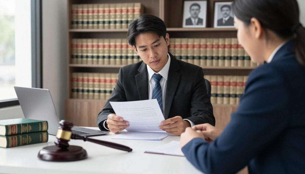 A professional civil rights attorney, dressed in business attire, sits at a modern desk in a well-lit office, examining legal documents. The foreground features a close-up of a gavel and law books, symbolizing justice and the legal system. In the middle, the attorney is focused and engaged, perhaps discussing details with a client, who is seated across from them, dressed in smart casual attire, conveying a sense of partnership and trust. The background showcases a large bookshelf filled with legal texts and framed civil rights achievements, enhancing the atmosphere of expertise and dedication. Soft natural light streams through a window, casting gentle shadows and creating a warm, inviting mood, emphasizing the importance of finding the right attorney in civil rights cases. A professional civil rights attorney, dressed in business attire, sits at a modern desk in a well-lit office, examining legal documents. The foreground features a close-up of a gavel and law books, symbolizing justice and the legal system. In the middle, the attorney is focused and engaged, perhaps discussing details with a client, who is seated across from them, dressed in smart casual attire, conveying a sense of partnership and trust. The background showcases a large bookshelf filled with legal texts and framed civil rights achievements, enhancing the atmosphere of expertise and dedication. Soft natural light streams through a window, casting gentle shadows and creating a warm, inviting mood, emphasizing the importance of finding the right attorney in civil rights cases.