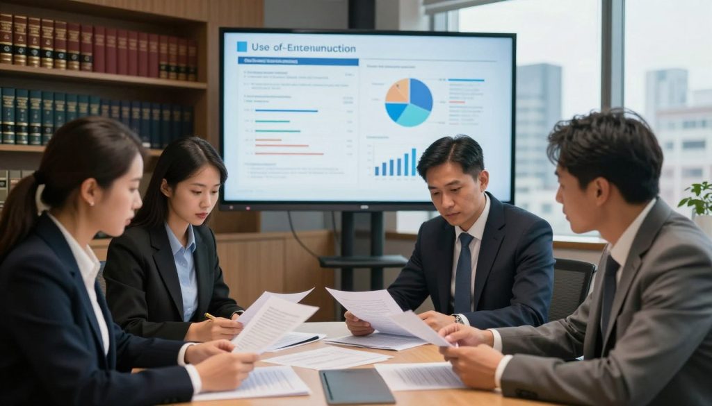 A professional evaluation scene depicting a group of individuals in a modern conference room analyzing a force incident report. In the foreground, a diverse group of three professionals, dressed in business attire, is intently reviewing documents on a large table. The middle ground features a large projection screen displaying graphical data and charts related to use-of-force evaluation metrics. The background reveals shelves filled with legal books and a large window showing a cityscape, illuminated by soft, natural daylight. The atmosphere is serious and focused, emphasizing the importance of thorough documentation and analysis. Capture this scene from a slightly elevated angle, with warm, even lighting to enhance the professional mood, ensuring clarity and attention to detail in facial expressions and document content. A professional evaluation scene depicting a group of individuals in a modern conference room analyzing a force incident report. In the foreground, a diverse group of three professionals, dressed in business attire, is intently reviewing documents on a large table. The middle ground features a large projection screen displaying graphical data and charts related to use-of-force evaluation metrics. The background reveals shelves filled with legal books and a large window showing a cityscape, illuminated by soft, natural daylight. The atmosphere is serious and focused, emphasizing the importance of thorough documentation and analysis. Capture this scene from a slightly elevated angle, with warm, even lighting to enhance the professional mood, ensuring clarity and attention to detail in facial expressions and document content.