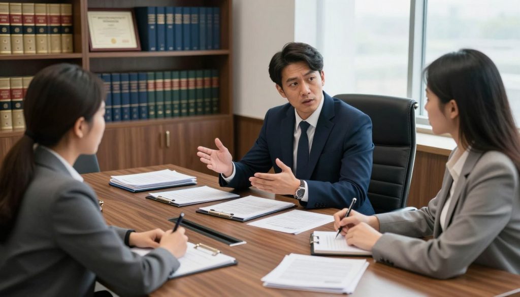 A professional lawyer and a client sitting at a large wooden conference table in a modern law office, surrounded by files and legal documents related to excessive force civil litigation. The lawyer, dressed in a sharp navy suit, gestures confidently while explaining the litigation process, their expression serious yet supportive. The client, wearing business casual attire, appears attentive and engaged, taking notes on a notepad. In the background, shelves filled with law books and framed legal certificates decorate the office, and a large window allows soft, natural light to illuminate the scene. The atmosphere conveys a sense of determination and professionalism, emphasizing the importance of navigating the legal process successfully in an excessive force case. Use a slightly elevated angle to represent the environment and create depth. A professional lawyer and a client sitting at a large wooden conference table in a modern law office, surrounded by files and legal documents related to excessive force civil litigation. The lawyer, dressed in a sharp navy suit, gestures confidently while explaining the litigation process, their expression serious yet supportive. The client, wearing business casual attire, appears attentive and engaged, taking notes on a notepad. In the background, shelves filled with law books and framed legal certificates decorate the office, and a large window allows soft, natural light to illuminate the scene. The atmosphere conveys a sense of determination and professionalism, emphasizing the importance of navigating the legal process successfully in an excessive force case. Use a slightly elevated angle to represent the environment and create depth.