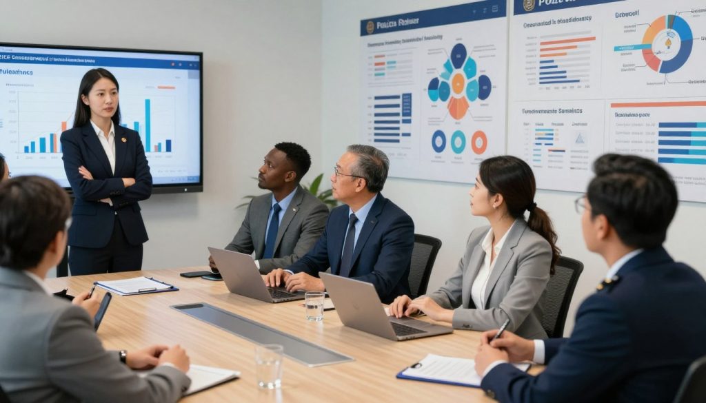 A professional meeting room focused on police transparency standards, featuring a diverse group of individuals in professional business attire. In the foreground, a confident woman of Asian descent stands near a large screen displaying graphs and data analytics related to police accountability. In the middle, a group of individuals, including a Black man and a Hispanic woman, engage in discussion, all showing expressions of determination and collaboration. The background displays a wall of infographics illustrating police transparency initiatives and data systems. Soft, natural lighting illuminates the room, enhancing a mood of optimism and professionalism. The scene is shot from a slightly elevated angle to capture the active dialogue and engagement among the participants, emphasizing a commitment to reform and accountability. A professional meeting room focused on police transparency standards, featuring a diverse group of individuals in professional business attire. In the foreground, a confident woman of Asian descent stands near a large screen displaying graphs and data analytics related to police accountability. In the middle, a group of individuals, including a Black man and a Hispanic woman, engage in discussion, all showing expressions of determination and collaboration. The background displays a wall of infographics illustrating police transparency initiatives and data systems. Soft, natural lighting illuminates the room, enhancing a mood of optimism and professionalism. The scene is shot from a slightly elevated angle to capture the active dialogue and engagement among the participants, emphasizing a commitment to reform and accountability.