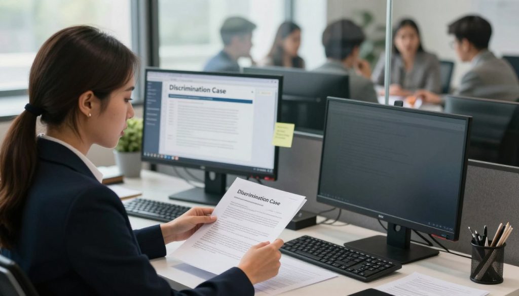 A professional office setting, focused on a person documenting workplace discrimination. In the foreground, a young woman in business attire is seated at a desk, meticulously organizing documents related to her case, showcasing notes and typed reports. The middle ground features a computer screen displaying a digital file titled "Discrimination Case," with a few sticky notes for reminders. In the background, a diverse team of colleagues can be faintly seen through a glass partition, engaged in discussions, symbolizing unity amidst challenges. Soft, natural light streams in from a nearby window, creating a calm and focused atmosphere, emphasizing the seriousness of the task at hand. The angle is slightly overhead, capturing the subject's concentration while highlighting the environment. The mood is determined and professional. A professional office setting, focused on a person documenting workplace discrimination. In the foreground, a young woman in business attire is seated at a desk, meticulously organizing documents related to her case, showcasing notes and typed reports. The middle ground features a computer screen displaying a digital file titled "Discrimination Case," with a few sticky notes for reminders. In the background, a diverse team of colleagues can be faintly seen through a glass partition, engaged in discussions, symbolizing unity amidst challenges. Soft, natural light streams in from a nearby window, creating a calm and focused atmosphere, emphasizing the seriousness of the task at hand. The angle is slightly overhead, capturing the subject's concentration while highlighting the environment. The mood is determined and professional.