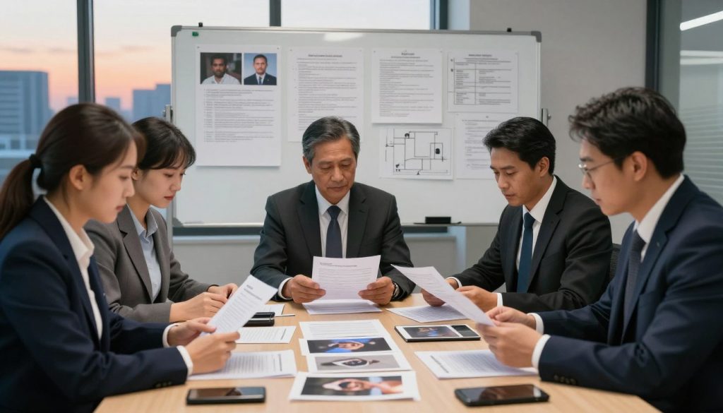 A professional setting focused on evidence collection for police accountability litigation. In the foreground, a diverse team of three professionals in business attire examines various types of evidence: photographs, documents, and digital devices, all meticulously arranged on a conference table. The middle ground features a whiteboard filled with case notes and diagrams, indicating a thorough investigative process. In the background, a window reveals a city skyline at dusk, casting a soft orange glow that enhances the serious yet hopeful atmosphere. Soft, focused lighting highlights the details of the evidence while maintaining a respectful tone. Capture this scene from a slightly elevated angle, emphasizing collaboration and dedication to building a strong case. A professional setting focused on evidence collection for police accountability litigation. In the foreground, a diverse team of three professionals in business attire examines various types of evidence: photographs, documents, and digital devices, all meticulously arranged on a conference table. The middle ground features a whiteboard filled with case notes and diagrams, indicating a thorough investigative process. In the background, a window reveals a city skyline at dusk, casting a soft orange glow that enhances the serious yet hopeful atmosphere. Soft, focused lighting highlights the details of the evidence while maintaining a respectful tone. Capture this scene from a slightly elevated angle, emphasizing collaboration and dedication to building a strong case.