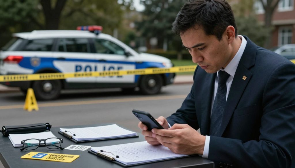 A serious scene depicting the collection of evidence in an excessive force case. In the foreground, a professional investigator in business attire meticulously examines a smartphone, capturing relevant videos and photos, their focused expression conveying diligence. The middle ground shows a crime scene with marked evidence points, including various items such as a notepad, broken glasses, and evidence tags. Behind them, a police vehicle and discreetly placed forensic markers indicate an ongoing investigation. The environment is somber with muted colors, illuminated by soft, diffused natural light filtering through nearby trees, suggesting a thoughtful atmosphere. The focus is sharp on the evidence collection process, emphasizing the importance of preserving critical evidence. A serious scene depicting the collection of evidence in an excessive force case. In the foreground, a professional investigator in business attire meticulously examines a smartphone, capturing relevant videos and photos, their focused expression conveying diligence. The middle ground shows a crime scene with marked evidence points, including various items such as a notepad, broken glasses, and evidence tags. Behind them, a police vehicle and discreetly placed forensic markers indicate an ongoing investigation. The environment is somber with muted colors, illuminated by soft, diffused natural light filtering through nearby trees, suggesting a thoughtful atmosphere. The focus is sharp on the evidence collection process, emphasizing the importance of preserving critical evidence.