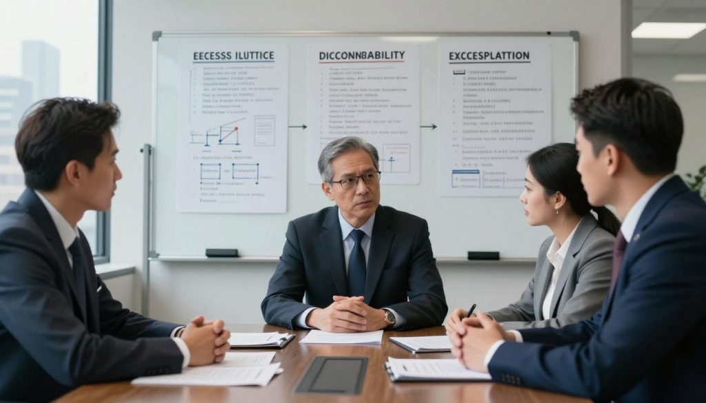 A somber and reflective scene depicting an office environment focused on police accountability litigation. In the foreground, a diverse group of three professionals—two men and one woman—are seated around a conference table, engaged in serious discussion, dressed in smart business attire. Papers and legal documents are spread across the table, highlighting aspects of excessive force cases. The middle ground shows a large whiteboard filled with key phrases and diagrams categorizing police misconduct cases. In the background, a subtle image of a city skyline through a large window emphasizes the connection to law enforcement. Soft, diffused lighting casts an even glow over the scene, creating an atmosphere of urgency and determination. The focus is on professionalism and the importance of justice. A somber and reflective scene depicting an office environment focused on police accountability litigation. In the foreground, a diverse group of three professionals—two men and one woman—are seated around a conference table, engaged in serious discussion, dressed in smart business attire. Papers and legal documents are spread across the table, highlighting aspects of excessive force cases. The middle ground shows a large whiteboard filled with key phrases and diagrams categorizing police misconduct cases. In the background, a subtle image of a city skyline through a large window emphasizes the connection to law enforcement. Soft, diffused lighting casts an even glow over the scene, creating an atmosphere of urgency and determination. The focus is on professionalism and the importance of justice.