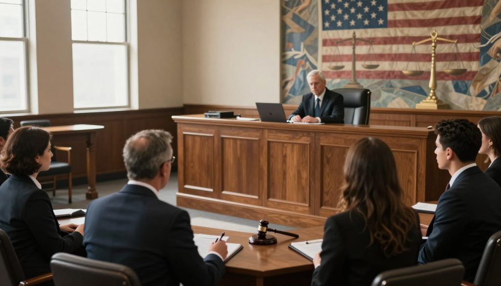 A somber courtroom scene capturing the essence of law enforcement accountability. In the foreground, a diverse group of individuals in professional business attire, looking resolute as they consult with an attorney. In the middle, a large wooden judge's bench stands imposing, with a gavel resting on it, symbolizing justice. The background features a mural depicting the scales of justice and the American flag, emphasizing the legal context. Soft, natural lighting filters through tall windows, casting a warm glow on the scene, creating an atmosphere of hope amidst seriousness. The angle is slightly elevated, allowing a comprehensive view of the courtroom dynamics, evoking the weight of civil rights lawsuits against law enforcement. A somber courtroom scene capturing the essence of law enforcement accountability. In the foreground, a diverse group of individuals in professional business attire, looking resolute as they consult with an attorney. In the middle, a large wooden judge's bench stands imposing, with a gavel resting on it, symbolizing justice. The background features a mural depicting the scales of justice and the American flag, emphasizing the legal context. Soft, natural lighting filters through tall windows, casting a warm glow on the scene, creating an atmosphere of hope amidst seriousness. The angle is slightly elevated, allowing a comprehensive view of the courtroom dynamics, evoking the weight of civil rights lawsuits against law enforcement.