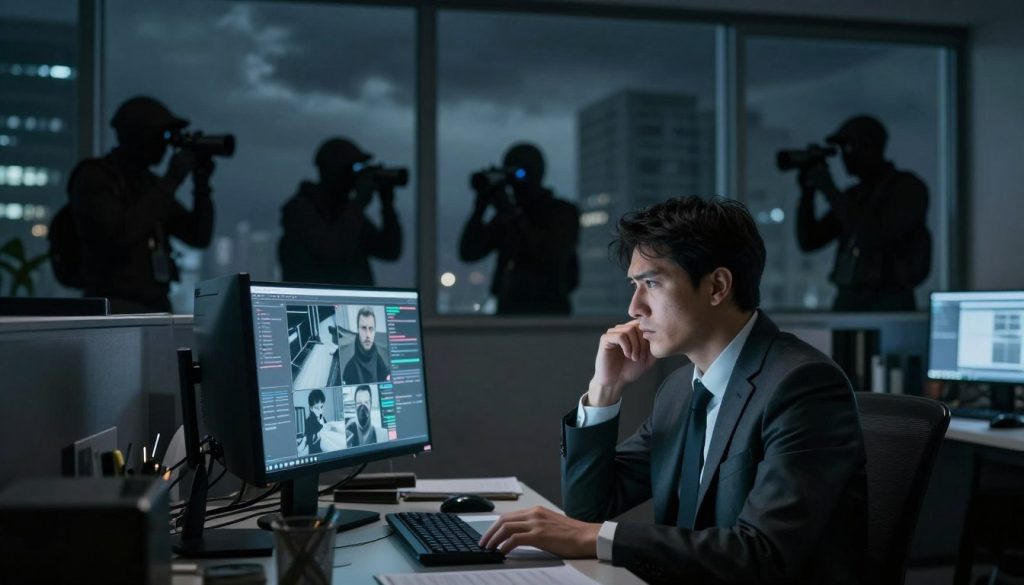 A somber office environment symbolizes the theme of privacy rights violations. In the foreground, a professional-looking individual in business attire sits at a cluttered desk, staring at a computer screen filled with unsettling surveillance graphics that depict intrusive monitoring. The middle layer features office windows, showcasing shadowy figures lurking outside with high-tech gear, representing external surveillance. In the background, a stark contrast of an ominous dark sky and looming buildings reflects a sense of foreboding. Soft but harsh lighting creates a tense atmosphere, with shadows casting across the room, hinting at the invasion of personal space. Use a shallow depth of field to focus on the individual’s worried expression, emphasizing the emotional weight of the situation. A somber office environment symbolizes the theme of privacy rights violations. In the foreground, a professional-looking individual in business attire sits at a cluttered desk, staring at a computer screen filled with unsettling surveillance graphics that depict intrusive monitoring. The middle layer features office windows, showcasing shadowy figures lurking outside with high-tech gear, representing external surveillance. In the background, a stark contrast of an ominous dark sky and looming buildings reflects a sense of foreboding. Soft but harsh lighting creates a tense atmosphere, with shadows casting across the room, hinting at the invasion of personal space. Use a shallow depth of field to focus on the individual’s worried expression, emphasizing the emotional weight of the situation.