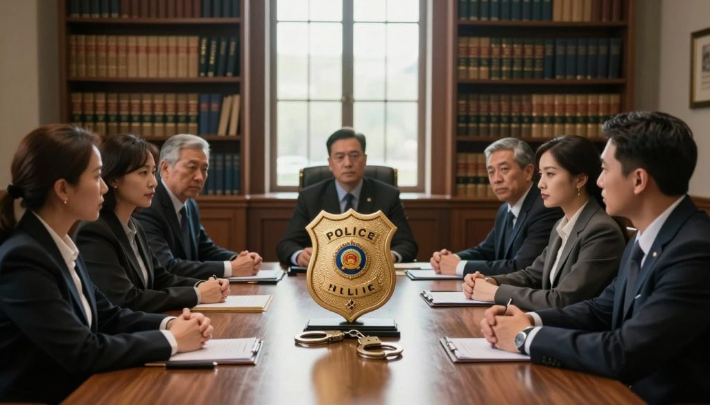 A striking courtroom scene capturing the essence of excessive force laws. In the foreground, a diverse group of legal professionals, dressed in professional business attire, engage in earnest discussion around a large wooden table. Their expressions reflect the seriousness of the subject. In the middle ground, a large scale model of a police badge juxtaposed with a set of handcuffs symbolizes the duality of authority and accountability. Soft, dramatic lighting filters through tall windows, casting a warm glow that emphasizes the tension and gravitas in the room. The background features a grand bookshelf filled with legal texts and case law volumes, creating a scholarly atmosphere. The overall mood is one of solemnity and reflection, focused on justice and ethical considerations in law enforcement practices. A striking courtroom scene capturing the essence of excessive force laws. In the foreground, a diverse group of legal professionals, dressed in professional business attire, engage in earnest discussion around a large wooden table. Their expressions reflect the seriousness of the subject. In the middle ground, a large scale model of a police badge juxtaposed with a set of handcuffs symbolizes the duality of authority and accountability. Soft, dramatic lighting filters through tall windows, casting a warm glow that emphasizes the tension and gravitas in the room. The background features a grand bookshelf filled with legal texts and case law volumes, creating a scholarly atmosphere. The overall mood is one of solemnity and reflection, focused on justice and ethical considerations in law enforcement practices.