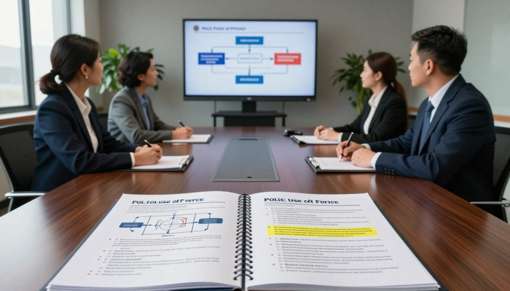 A surreal conference room setting illuminated by soft, natural light streaming through large windows, showcasing a diverse group of four professionals dressed in formal business attire engaged in a serious discussion around a large conference table. The foreground features a detailed, open binder depicting diagrams and bullet-point summaries of police use of force policies, with highlighted sections visually illustrating necessity and proportionality principles. The middle ground shows a digital presentation on a screen, featuring a flow chart of decision-making processes in law enforcement. The background has muted colors, emphasizing a solemn atmosphere conducive to serious debate, with potted plants adding a touch of calmness. The overall mood reflects professionalism and the gravity of the topic being discussed, evoking a sense of responsibility and legal scrutiny. A surreal conference room setting illuminated by soft, natural light streaming through large windows, showcasing a diverse group of four professionals dressed in formal business attire engaged in a serious discussion around a large conference table. The foreground features a detailed, open binder depicting diagrams and bullet-point summaries of police use of force policies, with highlighted sections visually illustrating necessity and proportionality principles. The middle ground shows a digital presentation on a screen, featuring a flow chart of decision-making processes in law enforcement. The background has muted colors, emphasizing a solemn atmosphere conducive to serious debate, with potted plants adding a touch of calmness. The overall mood reflects professionalism and the gravity of the topic being discussed, evoking a sense of responsibility and legal scrutiny.