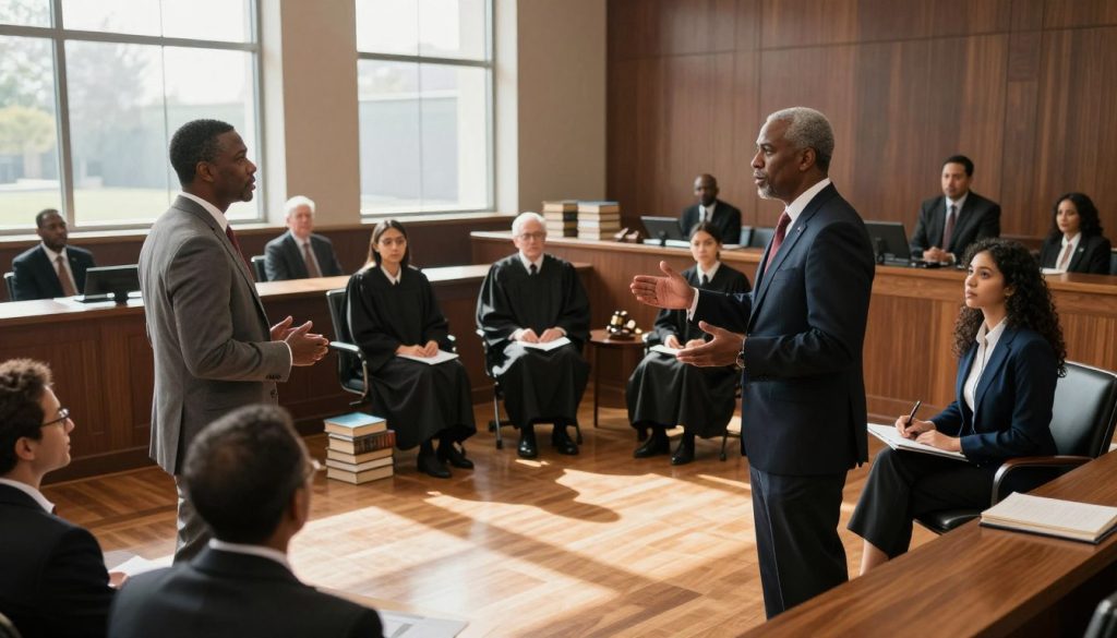 A tense and dynamic scene inside a modern courtroom, where a diverse group of legal scholars and practitioners are engaged in an animated debate over constitutional law, particularly qualified immunity. In the foreground, a middle-aged Black attorney stands confidently, gesturing as he presents his argument. Beside him, a young Latina law student takes notes intently. In the middle ground, a panel of judges listens attentively, surrounded by stacks of legal books. The background features dramatic natural light streaming through tall windows, casting shadows across the polished wooden floors. The atmosphere is serious yet intellectually charged, reflecting the weight of legal discourse and the pursuit of justice, captured from a slightly elevated angle to encompass the entire room. A tense and dynamic scene inside a modern courtroom, where a diverse group of legal scholars and practitioners are engaged in an animated debate over constitutional law, particularly qualified immunity. In the foreground, a middle-aged Black attorney stands confidently, gesturing as he presents his argument. Beside him, a young Latina law student takes notes intently. In the middle ground, a panel of judges listens attentively, surrounded by stacks of legal books. The background features dramatic natural light streaming through tall windows, casting shadows across the polished wooden floors. The atmosphere is serious yet intellectually charged, reflecting the weight of legal discourse and the pursuit of justice, captured from a slightly elevated angle to encompass the entire room.