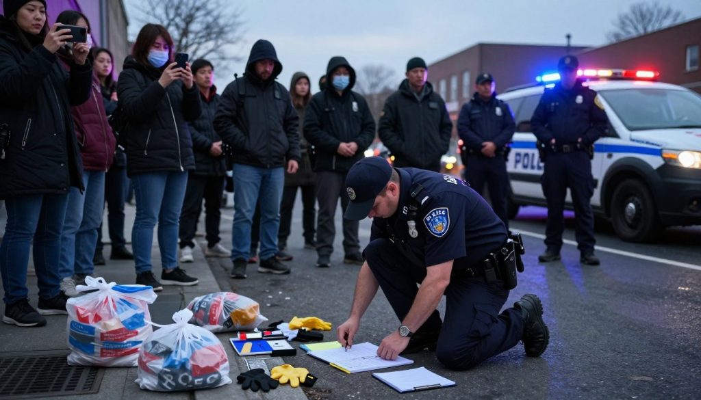 A tense urban scene depicting a police officer in professional attire, collecting evidence at the site of an incident involving excessive police force. In the foreground, the officer kneels, examining the ground closely for any relevant evidence, surrounded by an array of forensic tools like evidence bags, gloves, and note-taking materials. The middle ground features a crowd of concerned citizens, standing at a distance, some recording the event on their smartphones, their expressions a mix of curiosity and unease. In the background, a police vehicle is parked with flashing lights, creating a stark contrast against the muted evening light. The atmosphere is somber and tense, emphasized by overcast skies and low lighting, conveying a sense of urgency and seriousness about the investigation. Use a wide-angle lens to capture the intensity of the scene. A tense urban scene depicting a police officer in professional attire, collecting evidence at the site of an incident involving excessive police force. In the foreground, the officer kneels, examining the ground closely for any relevant evidence, surrounded by an array of forensic tools like evidence bags, gloves, and note-taking materials. The middle ground features a crowd of concerned citizens, standing at a distance, some recording the event on their smartphones, their expressions a mix of curiosity and unease. In the background, a police vehicle is parked with flashing lights, creating a stark contrast against the muted evening light. The atmosphere is somber and tense, emphasized by overcast skies and low lighting, conveying a sense of urgency and seriousness about the investigation. Use a wide-angle lens to capture the intensity of the scene.
