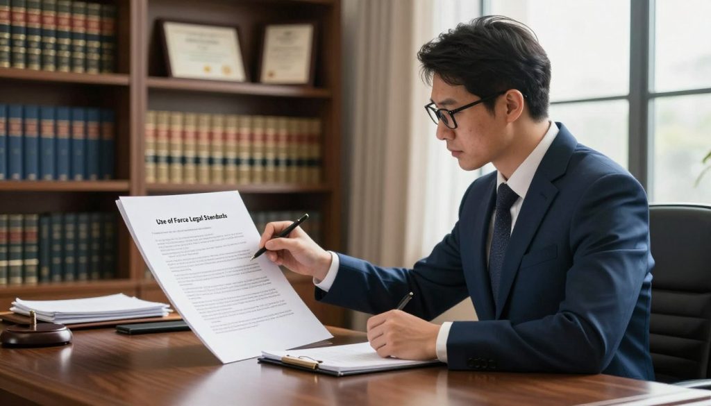 A thoughtful legal professional standing in an elegant office, reviewing a large document titled "Use of Force Legal Standards," displayed prominently on a polished wooden desk. In the foreground, the lawyer, dressed in a tailored navy suit and glasses, actively takes notes and looks contemplative. The middle ground features shelves filled with law books and a framed certificate, emphasizing professionalism and expertise. The background includes large windows that allow natural light to flood the room, casting soft shadows and creating a warm, serious atmosphere. The composition should convey a sense of diligence and complexity, focused on the step-by-step evaluation of legal principles. The lighting is bright yet soft, suggesting an inviting environment for deep thought and analysis. A thoughtful legal professional standing in an elegant office, reviewing a large document titled "Use of Force Legal Standards," displayed prominently on a polished wooden desk. In the foreground, the lawyer, dressed in a tailored navy suit and glasses, actively takes notes and looks contemplative. The middle ground features shelves filled with law books and a framed certificate, emphasizing professionalism and expertise. The background includes large windows that allow natural light to flood the room, casting soft shadows and creating a warm, serious atmosphere. The composition should convey a sense of diligence and complexity, focused on the step-by-step evaluation of legal principles. The lighting is bright yet soft, suggesting an inviting environment for deep thought and analysis.