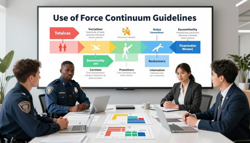 A visually compelling illustration of the "Use of Force Continuum Guidelines." In the foreground, a diverse group of four professionals in business attire, including a police officer, a lawyer, and two community advocates, are engaged in a discussion around a large table covered with various documents and charts depicting force levels. The middle section shows a detailed, layered infographic displaying the continuum of force, transitioning from verbal commands to physical restraint, designed in an engaging color palette. In the background, a modern office setting with large windows allows natural light to filter in, creating a bright, professional atmosphere. The scene conveys a sense of unity and collaboration, highlighting the importance of developing comprehensive policies and accountability frameworks. A visually compelling illustration of the "Use of Force Continuum Guidelines." In the foreground, a diverse group of four professionals in business attire, including a police officer, a lawyer, and two community advocates, are engaged in a discussion around a large table covered with various documents and charts depicting force levels. The middle section shows a detailed, layered infographic displaying the continuum of force, transitioning from verbal commands to physical restraint, designed in an engaging color palette. In the background, a modern office setting with large windows allows natural light to filter in, creating a bright, professional atmosphere. The scene conveys a sense of unity and collaboration, highlighting the importance of developing comprehensive policies and accountability frameworks.