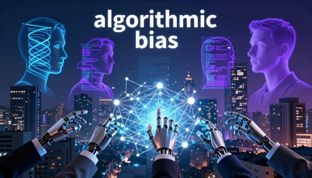 A visually striking representation of "algorithmic bias" in a digital landscape. In the foreground, a series of robotic hands interact with a glowing, fragmented digital network symbolizing data manipulation, adorned in professional business attire. The middle ground features abstract representations of biased algorithms—twisting lines of code and distorted faces symbolizing unfair outcomes, illuminated by soft neon lights in shades of blue and purple. The background displays a city skyline blending technology and traditional architecture, casting shadows that suggest disparity. The scene is bathed in moody, high-contrast lighting, evoking a sense of urgency and caution. The overall atmosphere reflects the tension between innovation and civil rights, prompting viewers to contemplate the impact of technology on society. A visually striking representation of "algorithmic bias" in a digital landscape. In the foreground, a series of robotic hands interact with a glowing, fragmented digital network symbolizing data manipulation, adorned in professional business attire. The middle ground features abstract representations of biased algorithms—twisting lines of code and distorted faces symbolizing unfair outcomes, illuminated by soft neon lights in shades of blue and purple. The background displays a city skyline blending technology and traditional architecture, casting shadows that suggest disparity. The scene is bathed in moody, high-contrast lighting, evoking a sense of urgency and caution. The overall atmosphere reflects the tension between innovation and civil rights, prompting viewers to contemplate the impact of technology on society.