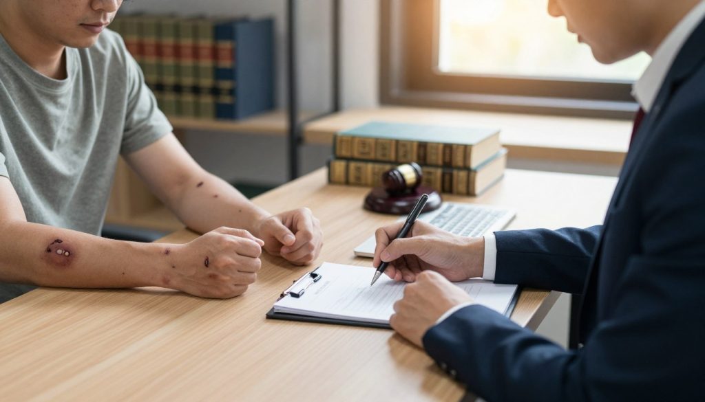In a well-lit office setting, a diligent legal professional documents injuries sustained by an individual, who is seated across the table. The individual, dressed in modest casual clothing, displays visible bruises and scrapes on their arms, while the legal professional, in a sharp suit, meticulously records details in a notepad. The background contains law books and a computer, emphasizing a professional atmosphere. Natural light filters through the window, casting a warm glow on the scene. The camera angle is slightly elevated, capturing the intensity and seriousness of the moment, highlighting the importance of accountability in law enforcement. The mood is somber yet hopeful, reflecting the essence of justice and advocacy. In a well-lit office setting, a diligent legal professional documents injuries sustained by an individual, who is seated across the table. The individual, dressed in modest casual clothing, displays visible bruises and scrapes on their arms, while the legal professional, in a sharp suit, meticulously records details in a notepad. The background contains law books and a computer, emphasizing a professional atmosphere. Natural light filters through the window, casting a warm glow on the scene. The camera angle is slightly elevated, capturing the intensity and seriousness of the moment, highlighting the importance of accountability in law enforcement. The mood is somber yet hopeful, reflecting the essence of justice and advocacy.